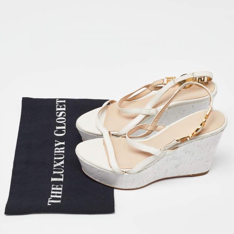 Pre Owned Versace White Leather Wedge Sandals Size 36