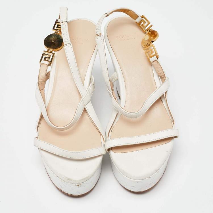 Pre Owned Versace White Leather Wedge Sandals Size 36