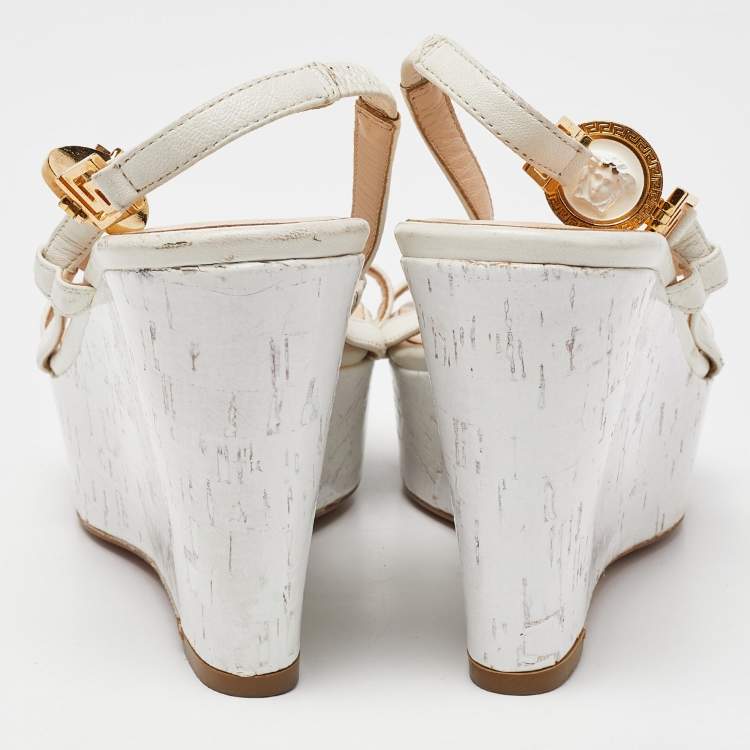 Pre Owned Versace White Leather Wedge Sandals Size 36