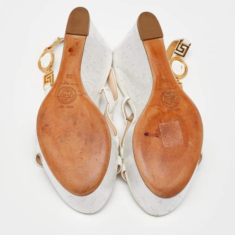 Pre Owned Versace White Leather Wedge Sandals Size 36