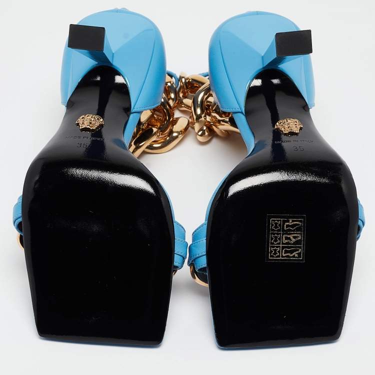 Pre Owned Versace Blue Leather Ankle Strap Sandals Size 35