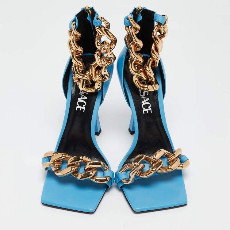 Pre Owned Versace Blue Leather Ankle Strap Sandals Size 35