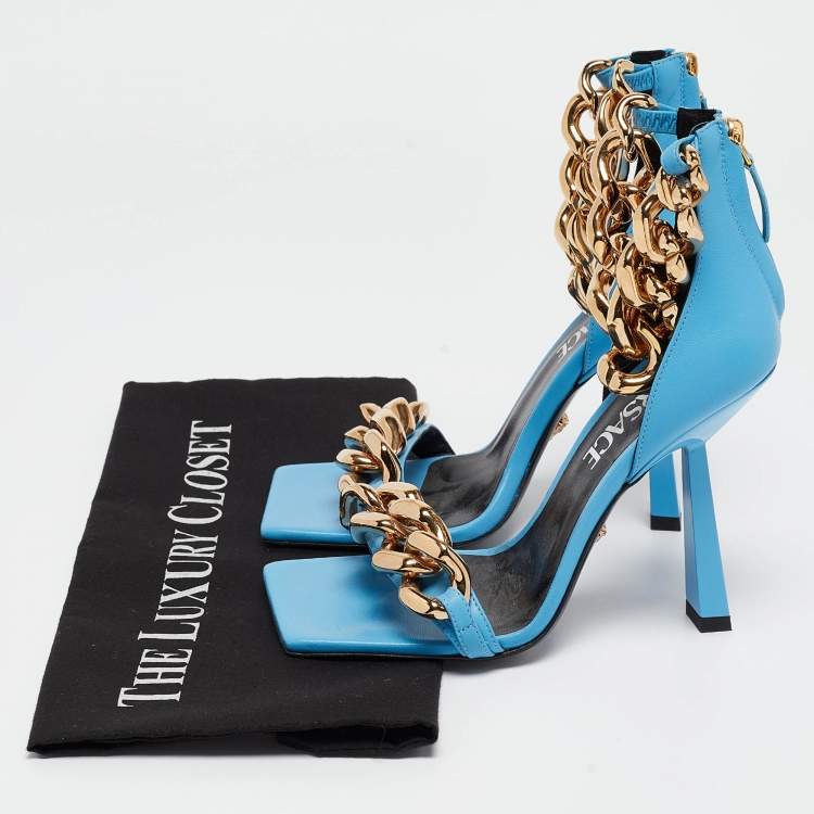 Pre Owned Versace Blue Leather Ankle Strap Sandals Size 35