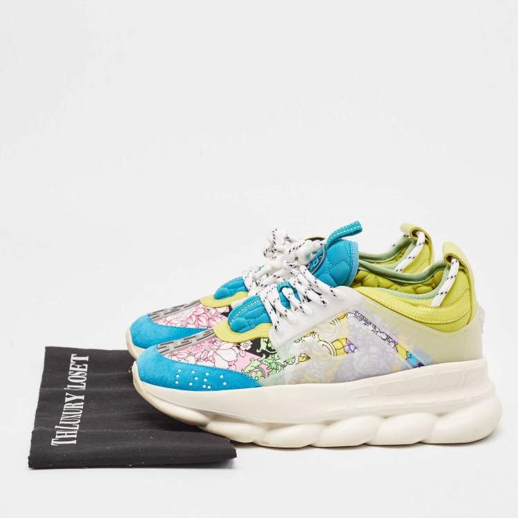 Pre Owned Versace Multicolor Suede and PVC Chain Reaction  Lace Up Sneakers Size 39.5