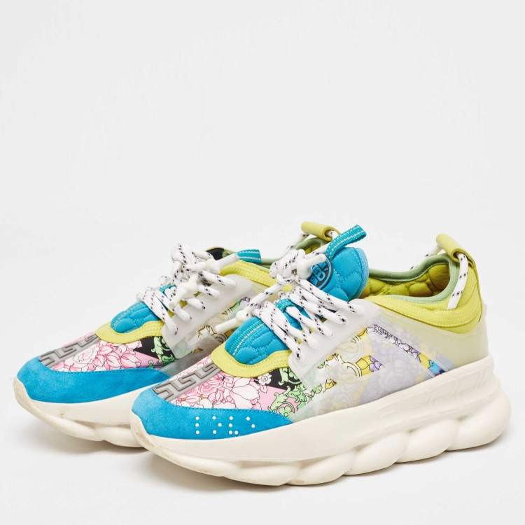 Pre Owned Versace Multicolor Suede and PVC Chain Reaction  Lace Up Sneakers Size 39.5