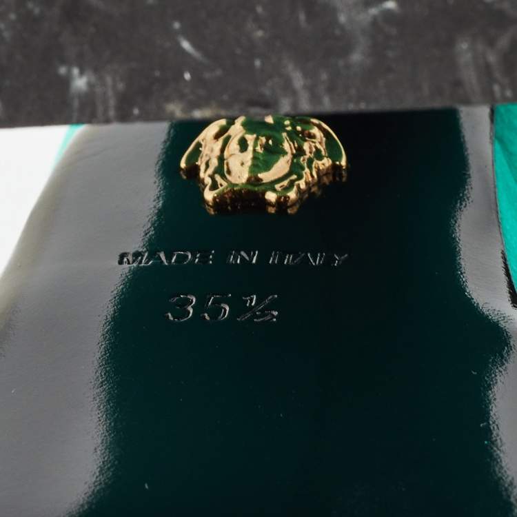 Pre Owned Versace Green Satin Aevitas Block Heel Ankle Strap Pumps Size 35.5 
