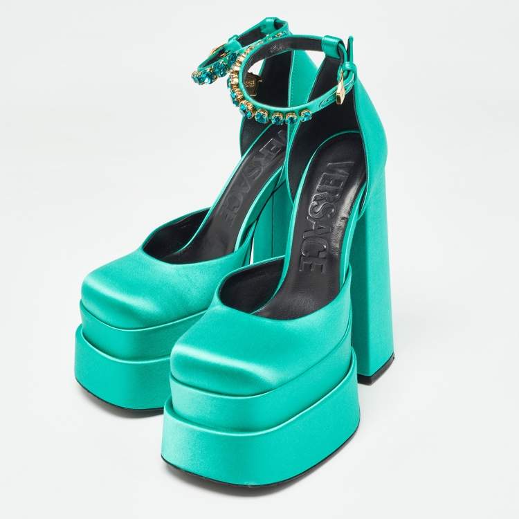 Pre Owned Versace Green Satin Aevitas Block Heel Ankle Strap Pumps Size 35.5 