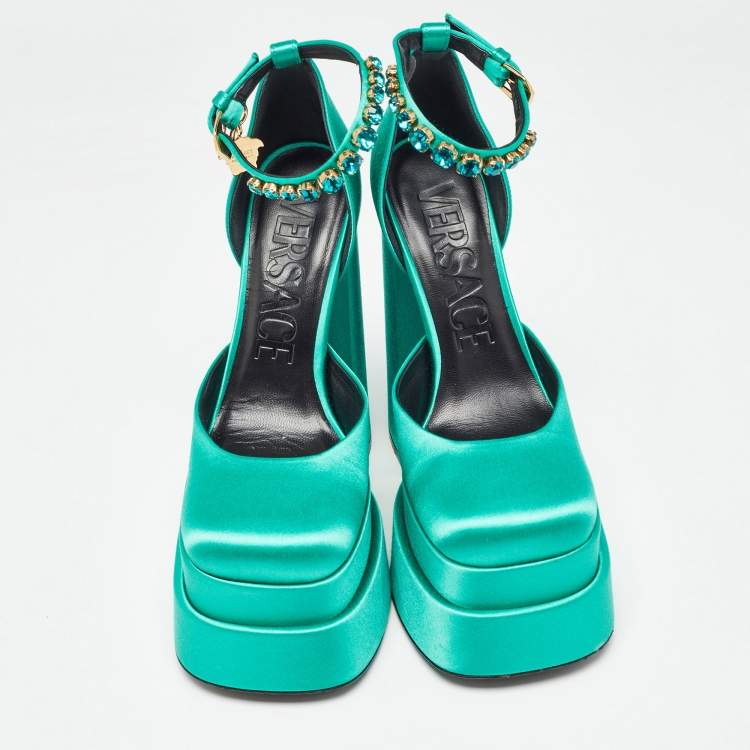 Pre Owned Versace Green Satin Aevitas Block Heel Ankle Strap Pumps Size 35.5 