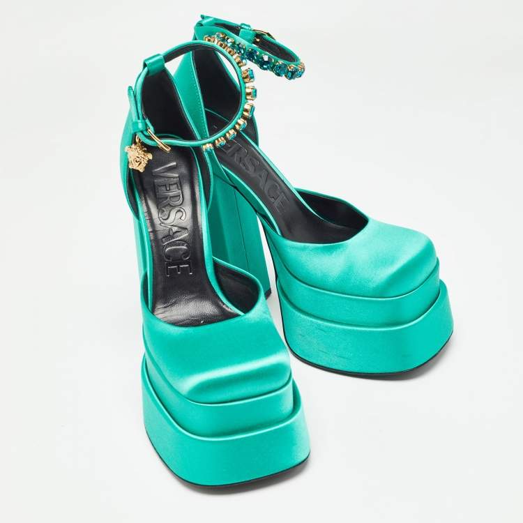 Pre Owned Versace Green Satin Aevitas Block Heel Ankle Strap Pumps Size 35.5 