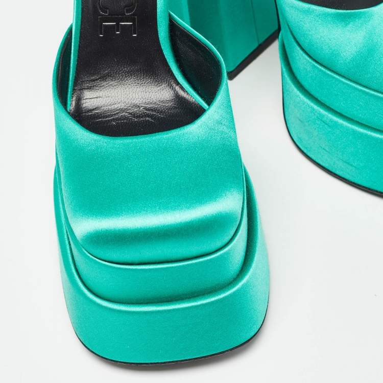 Pre Owned Versace Green Satin Aevitas Block Heel Ankle Strap Pumps Size 35.5 