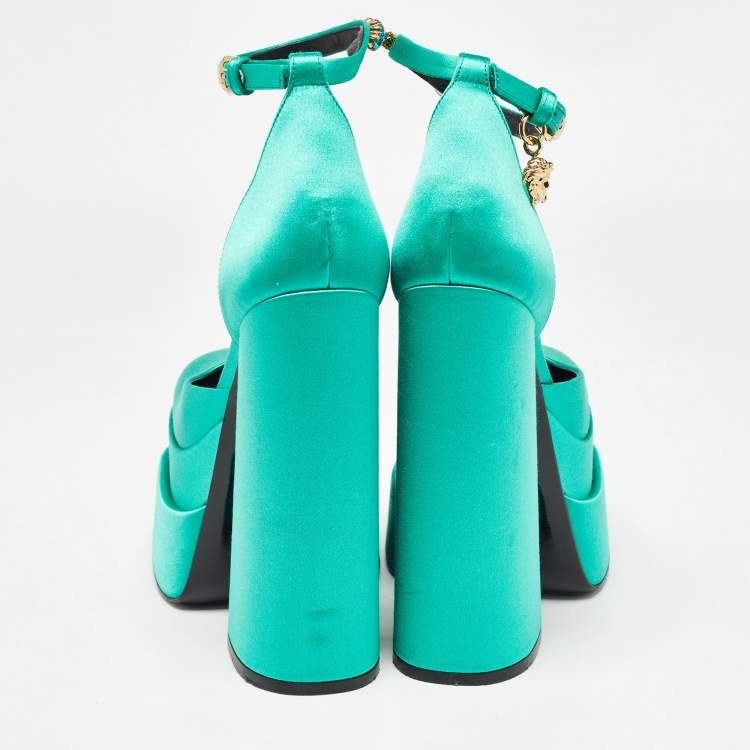 Pre Owned Versace Green Satin Aevitas Block Heel Ankle Strap Pumps Size 35.5 