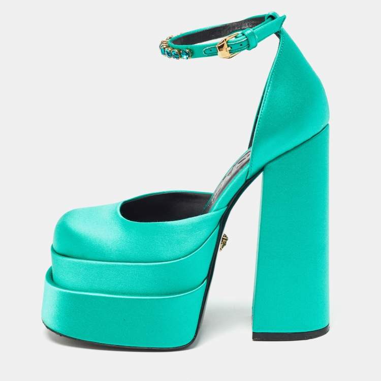 Pre Owned Versace Green Satin Aevitas Block Heel Ankle Strap Pumps Size 35.5 