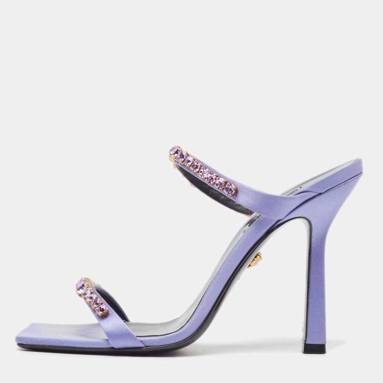 Pre Owned Versace Purple Satin Crystal Embellished Square Toe Slide Sandals Size 40