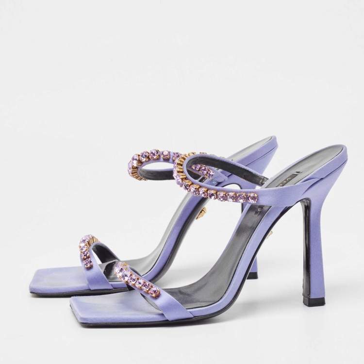 Versace Purple Satin Crystal Embellished Square Toe Slide Sandals Size 40  Versace | TLC