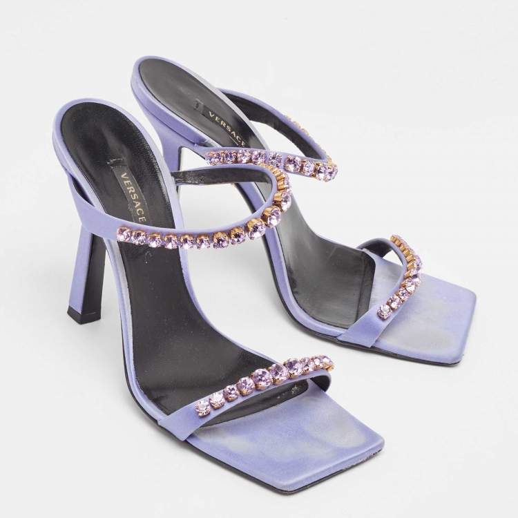 Pre Owned Versace Purple Satin Crystal Embellished Square Toe Slide Sandals Size 40
