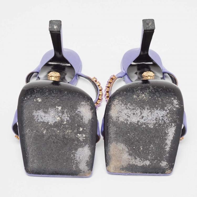 Pre Owned Versace Purple Satin Crystal Embellished Square Toe Slide Sandals Size 40