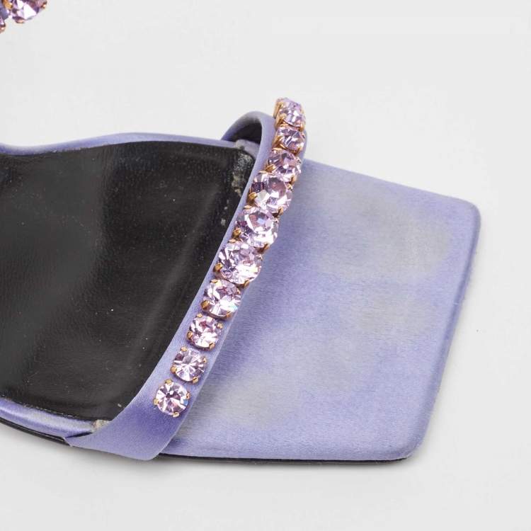 Pre Owned Versace Purple Satin Crystal Embellished Square Toe Slide Sandals Size 40