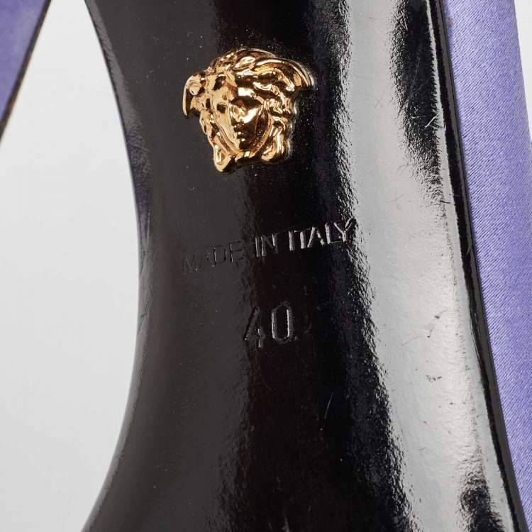Pre Owned Versace Purple Satin Crystal Embellished Square Toe Slide Sandals Size 40