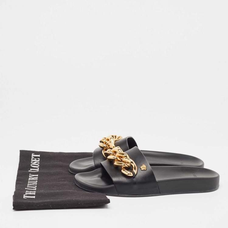 Pre Owned Versace Black Leather Medusa Chain Pool Slides Size 37
