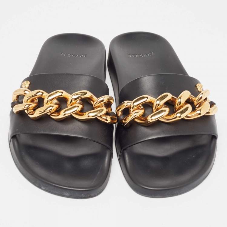 Pre Owned Versace Black Leather Medusa Chain Pool Slides Size 37