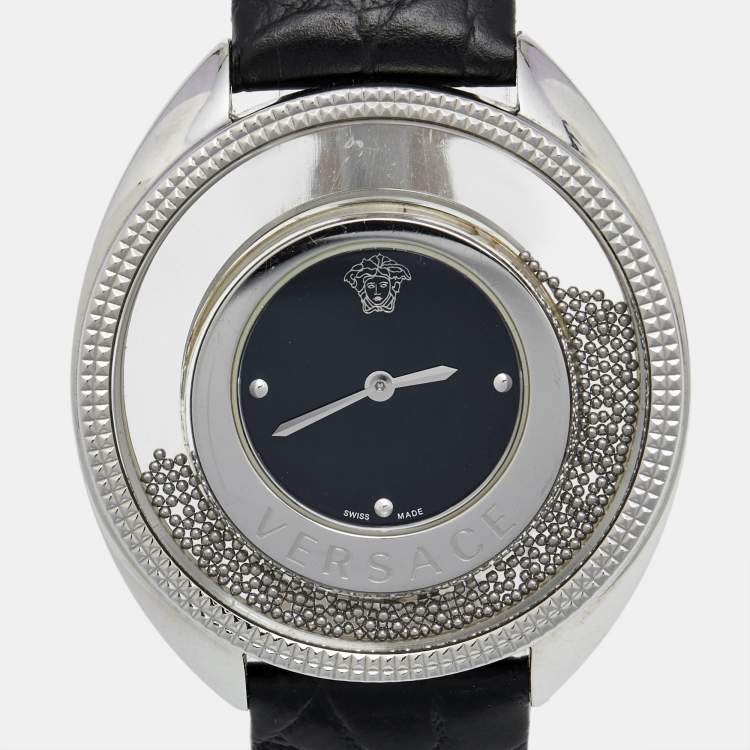 مملوكة مسبقًا Versace Black Stainless Steel Embossed Leather Destiny Spirit 86Q Women's Wristwatch 39 mm