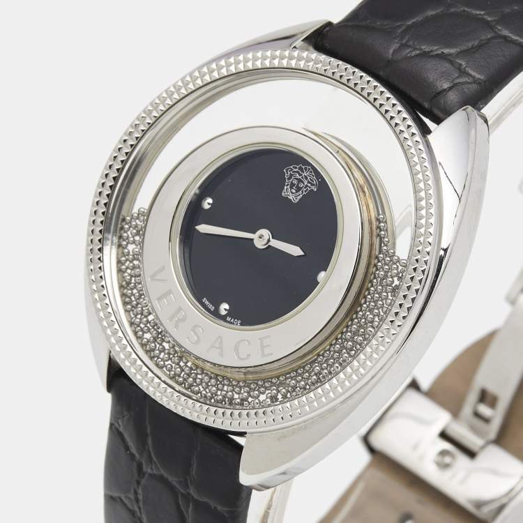 مملوكة مسبقًا Versace Black Stainless Steel Embossed Leather Destiny Spirit 86Q Women's Wristwatch 39 mm