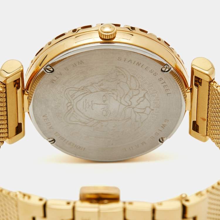 Pre Owned Versace Green Gold Plated Stainless Steel Palazzo Empire Greca VEDV00819 Women's Wristwatch 37 mm