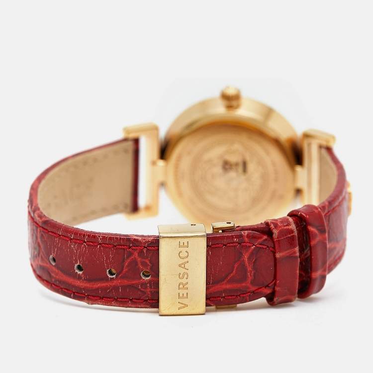 Pre Owned Versace Red Gold Plated Stainless Steel Embossed Leather Vanity P5Q Women's Wristwatch 35 mm