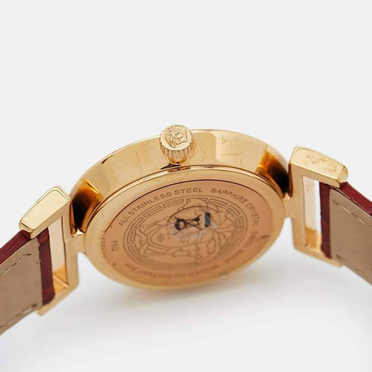 Pre Owned Versace Red Gold Plated Stainless Steel Embossed Leather Vanity P5Q Women's Wristwatch 35 mm