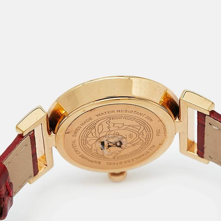 Pre Owned Versace Red Gold Plated Stainless Steel Embossed Leather Vanity P5Q Women's Wristwatch 35 mm