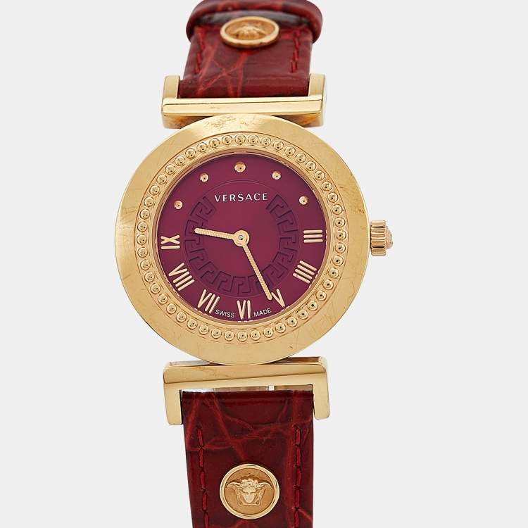 Pre Owned Versace Red Gold Plated Stainless Steel Embossed Leather Vanity P5Q Women's Wristwatch 35 mm