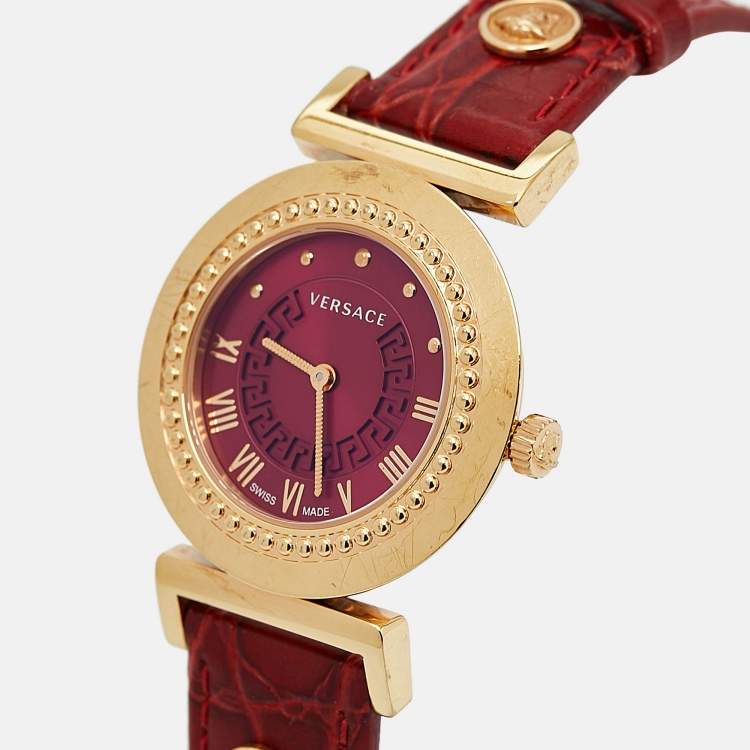 Pre Owned Versace Red Gold Plated Stainless Steel Embossed Leather Vanity P5Q Women's Wristwatch 35 mm