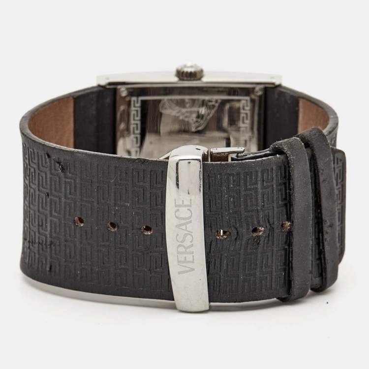 Pre Owned Versace Black Diamonds Stainless Steel Leather  V-Greca 64Q91F Women's Wristwatch 36 mm