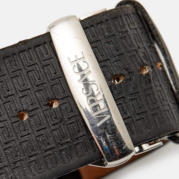 Pre Owned Versace Black Diamonds Stainless Steel Leather  V-Greca 64Q91F Women's Wristwatch 36 mm