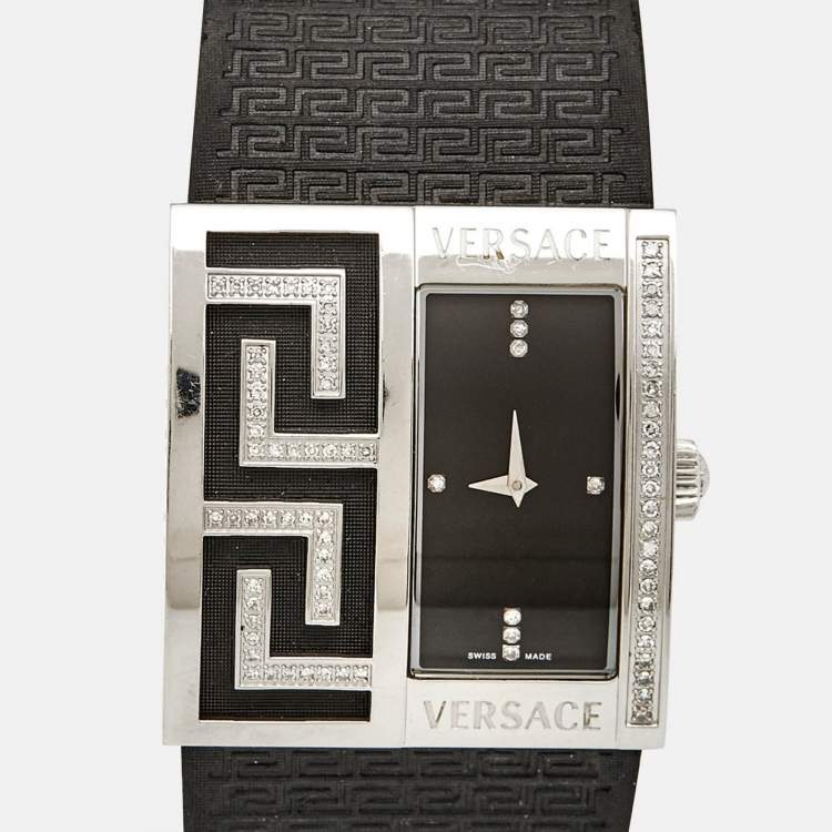 Pre Owned Versace Black Diamonds Stainless Steel Leather  V-Greca 64Q91F Women's Wristwatch 36 mm