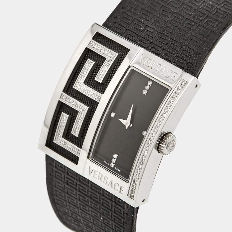 Pre Owned Versace Black Diamonds Stainless Steel Leather  V-Greca 64Q91F Women's Wristwatch 36 mm