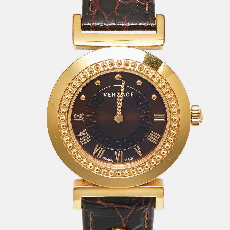 Pre Owned Versace Brown Gold Plated Stainless Steel Leather Vanity P5Q Women's Wristwatch 35 mm