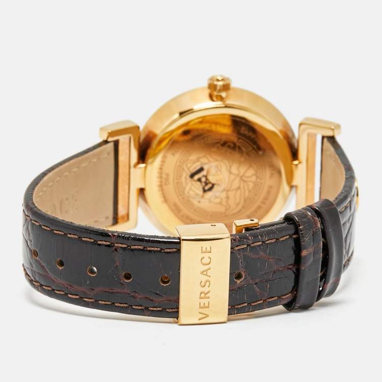Pre Owned Versace Brown Gold Plated Stainless Steel Leather Vanity P5Q Women's Wristwatch 35 mm