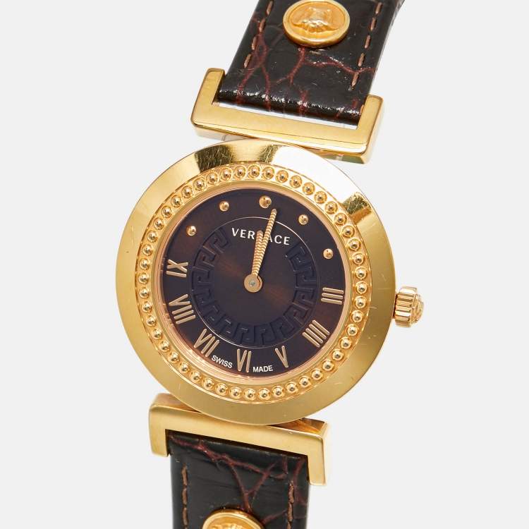 Pre Owned Versace Brown Gold Plated Stainless Steel Leather Vanity P5Q Women's Wristwatch 35 mm