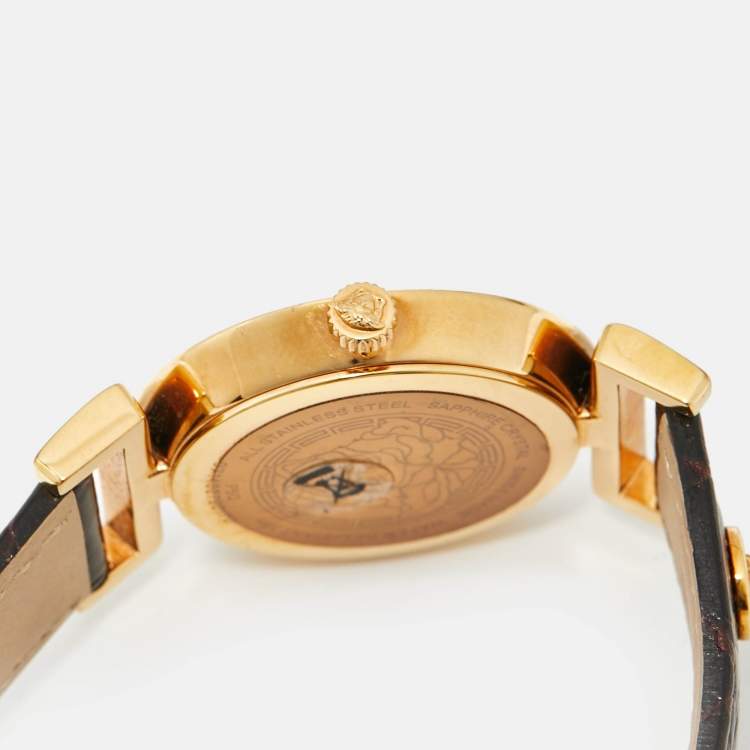 Pre Owned Versace Brown Gold Plated Stainless Steel Leather Vanity P5Q Women's Wristwatch 35 mm