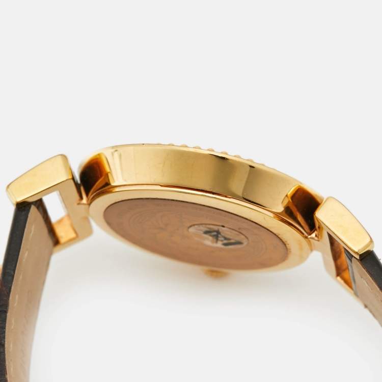 Pre Owned Versace Brown Gold Plated Stainless Steel Leather Vanity P5Q Women's Wristwatch 35 mm