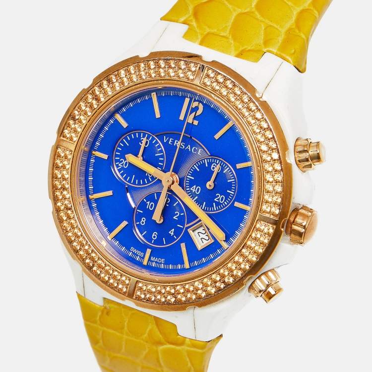 Pre Owned Versace DV One 28C Blue Dial Ceramic Rose Gold Plated Stainless Steel Leather Unisex Wristwatch 42 mm