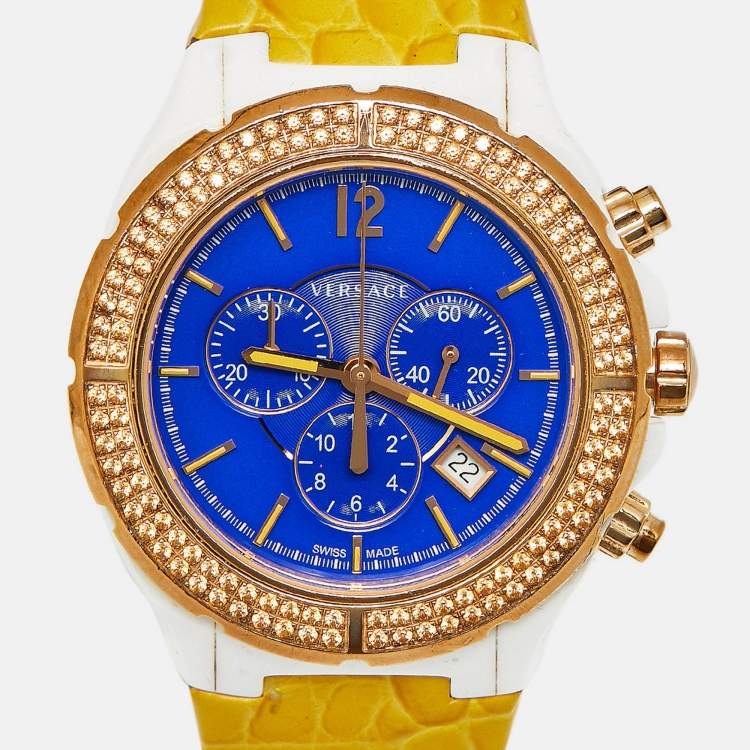 Pre Owned Versace DV One 28C Blue Dial Ceramic Rose Gold Plated Stainless Steel Leather Unisex Wristwatch 42 mm