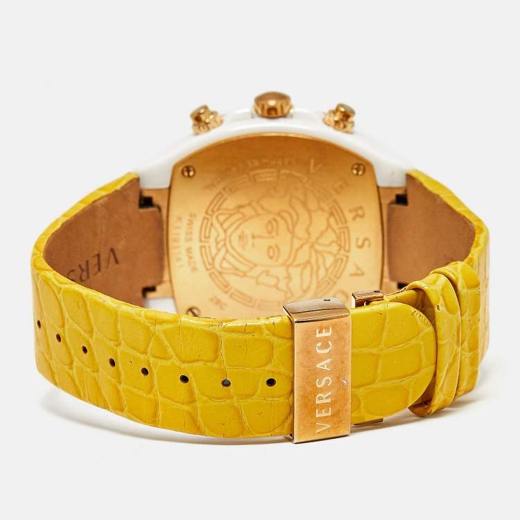 Pre Owned Versace DV One 28C Blue Dial Ceramic Rose Gold Plated Stainless Steel Leather Unisex Wristwatch 42 mm