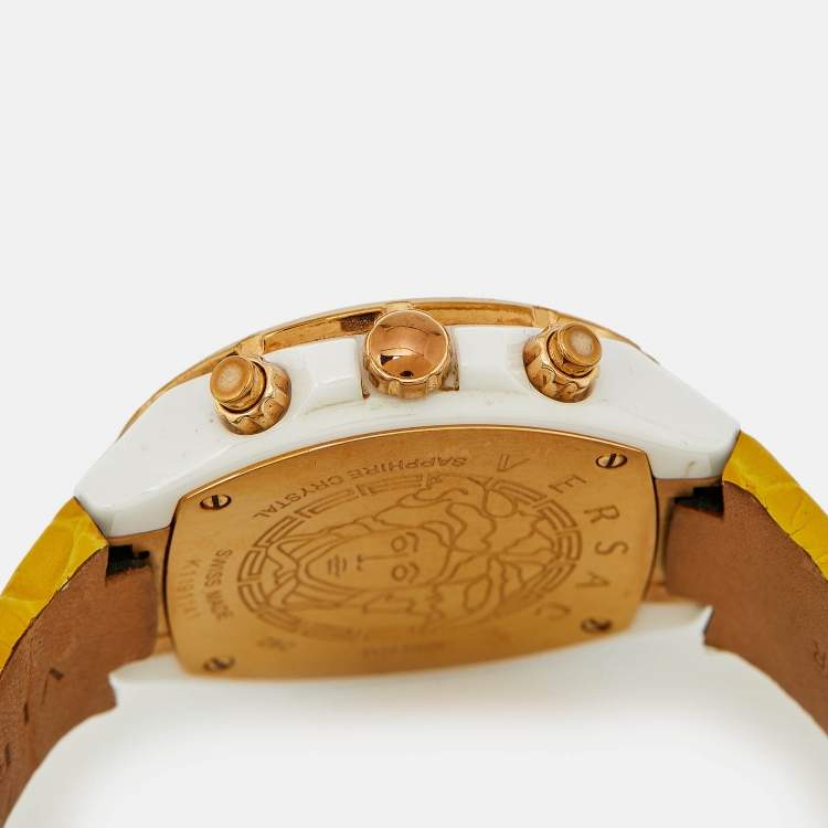 Pre Owned Versace DV One 28C Blue Dial Ceramic Rose Gold Plated Stainless Steel Leather Unisex Wristwatch 42 mm