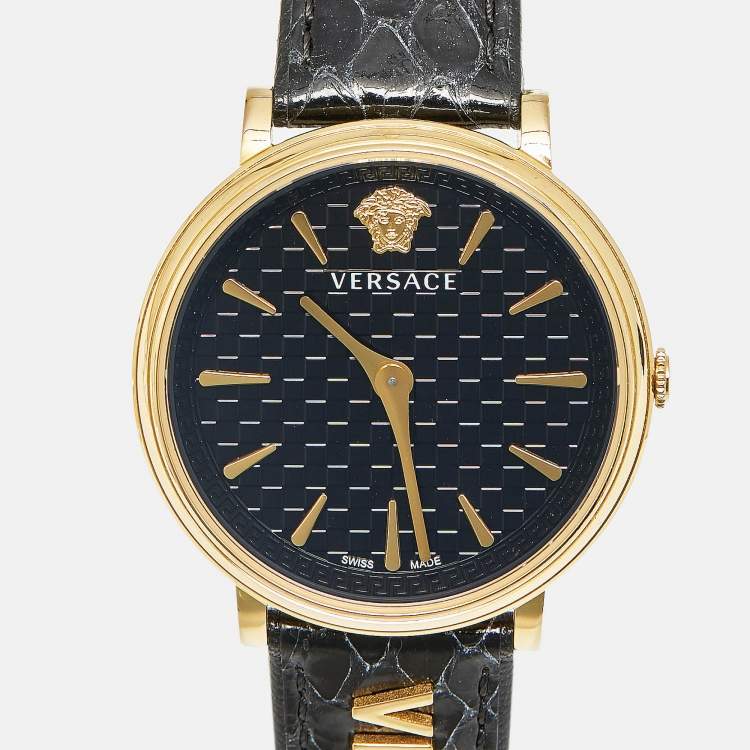 Pre Owned Versace V-Circle VE8101022 Black Dial Gold Tone Stainless Steel Leather Women's Wristwatch 38 mm