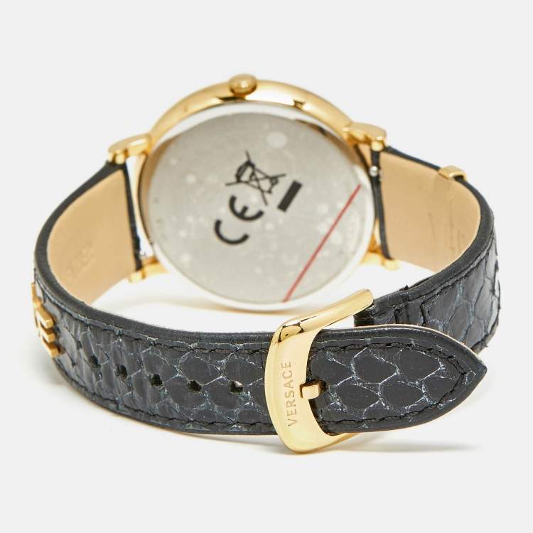 Pre Owned Versace V-Circle VE8101022 Black Dial Gold Tone Stainless Steel Leather Women's Wristwatch 38 mm