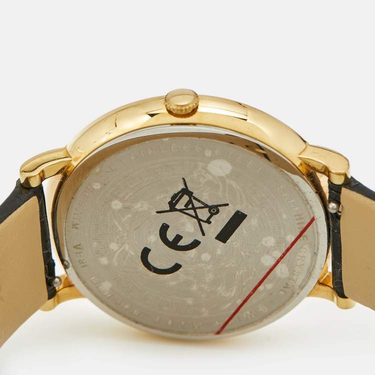 Pre Owned Versace V-Circle VE8101022 Black Dial Gold Tone Stainless Steel Leather Women's Wristwatch 38 mm