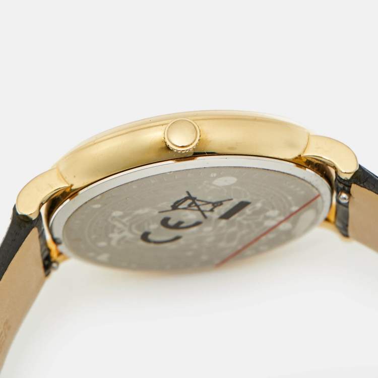 Pre Owned Versace V-Circle VE8101022 Black Dial Gold Tone Stainless Steel Leather Women's Wristwatch 38 mm