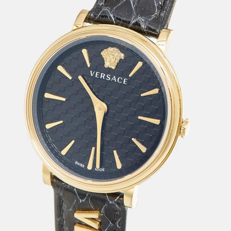 Pre Owned Versace V-Circle VE8101022 Black Dial Gold Tone Stainless Steel Leather Women's Wristwatch 38 mm